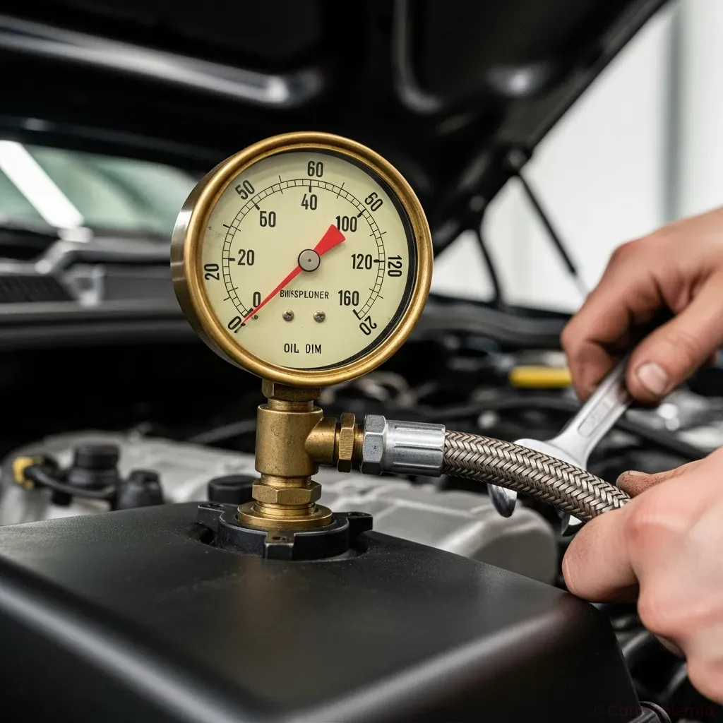 closeup of mechanical oil pressure gauge connected to engine, hood open, technician hands visible