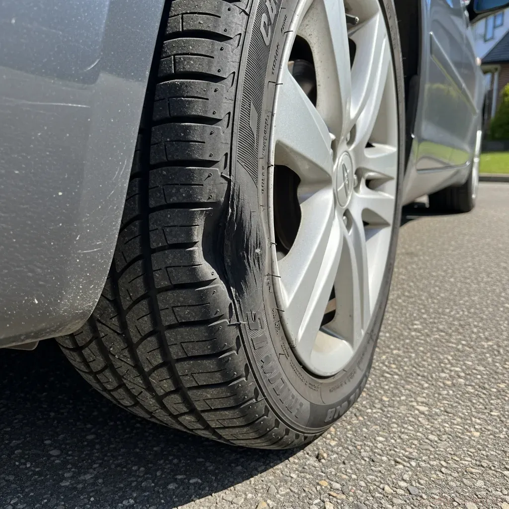 close-up of a car tire with visible bulge or damage on the tread, parked in a driveway, daylight, 4:3