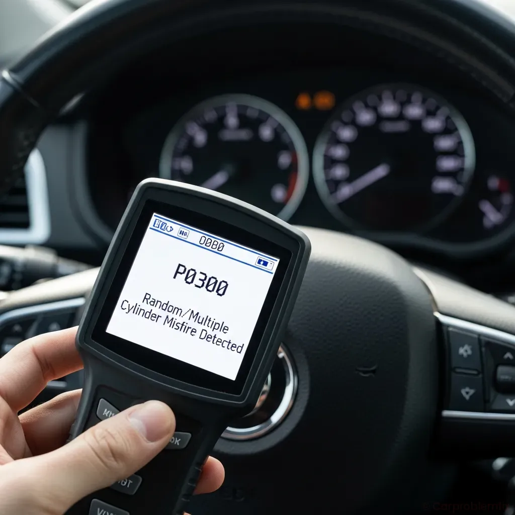 close up of a handheld OBD2 scanner displaying trouble code P0300 next to a car steering wheel and instrument cluster, daytime natural light
