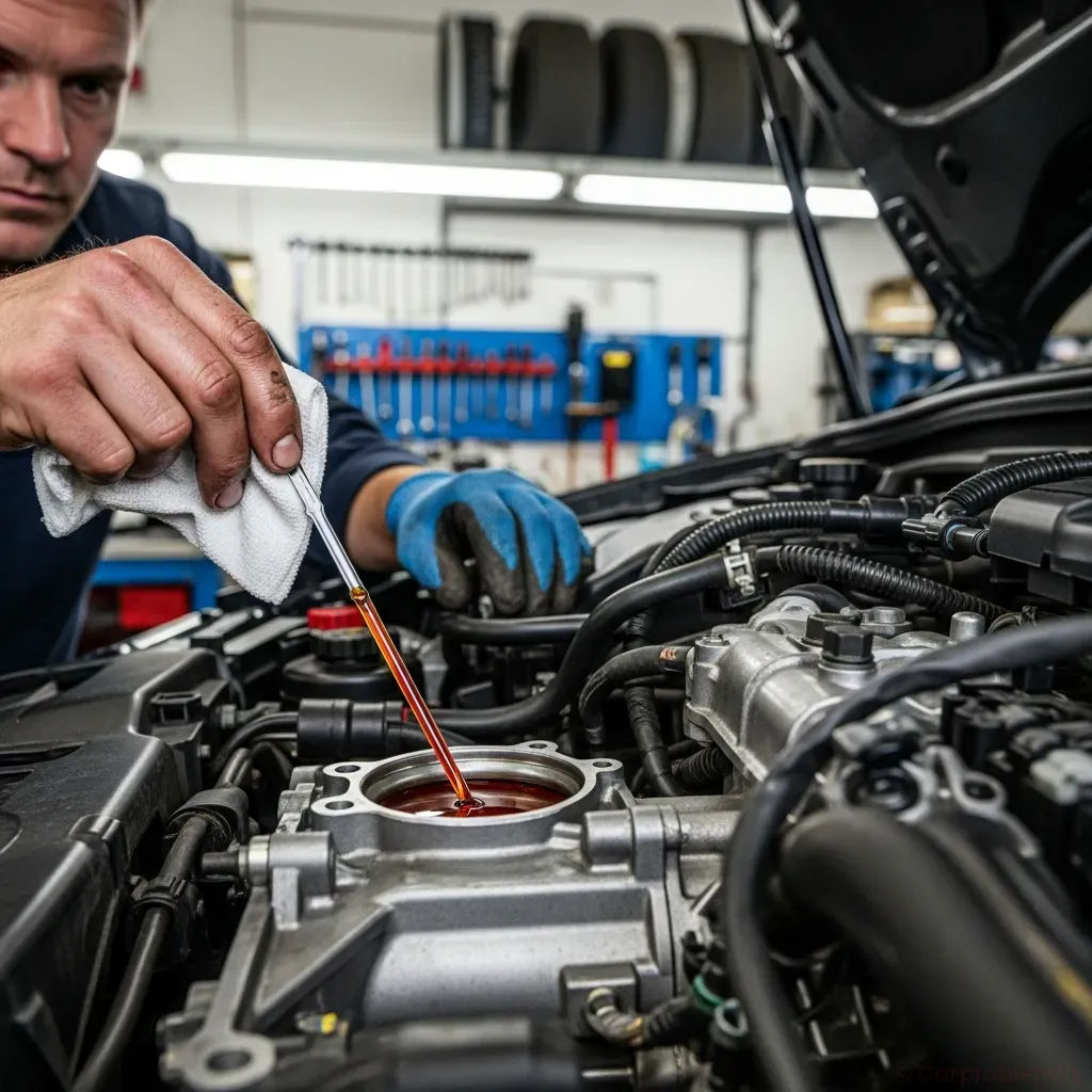 close-up of mechanic checking automatic transmission fluid dipstick under the hood of a car, workshop background, realistic