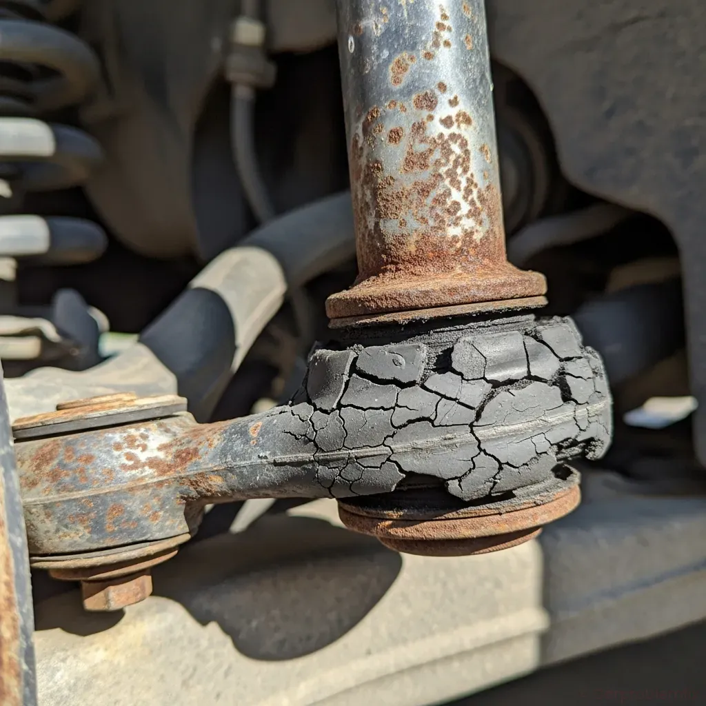 close-up of worn sway bar link and cracked rubber bushing on a car suspension, daylight, 4:3