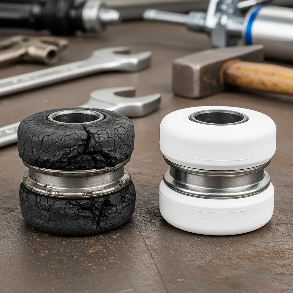 Close-up of worn cracked rubber suspension bushing next to a new replacement bushing on a workbench with tools, 4:3