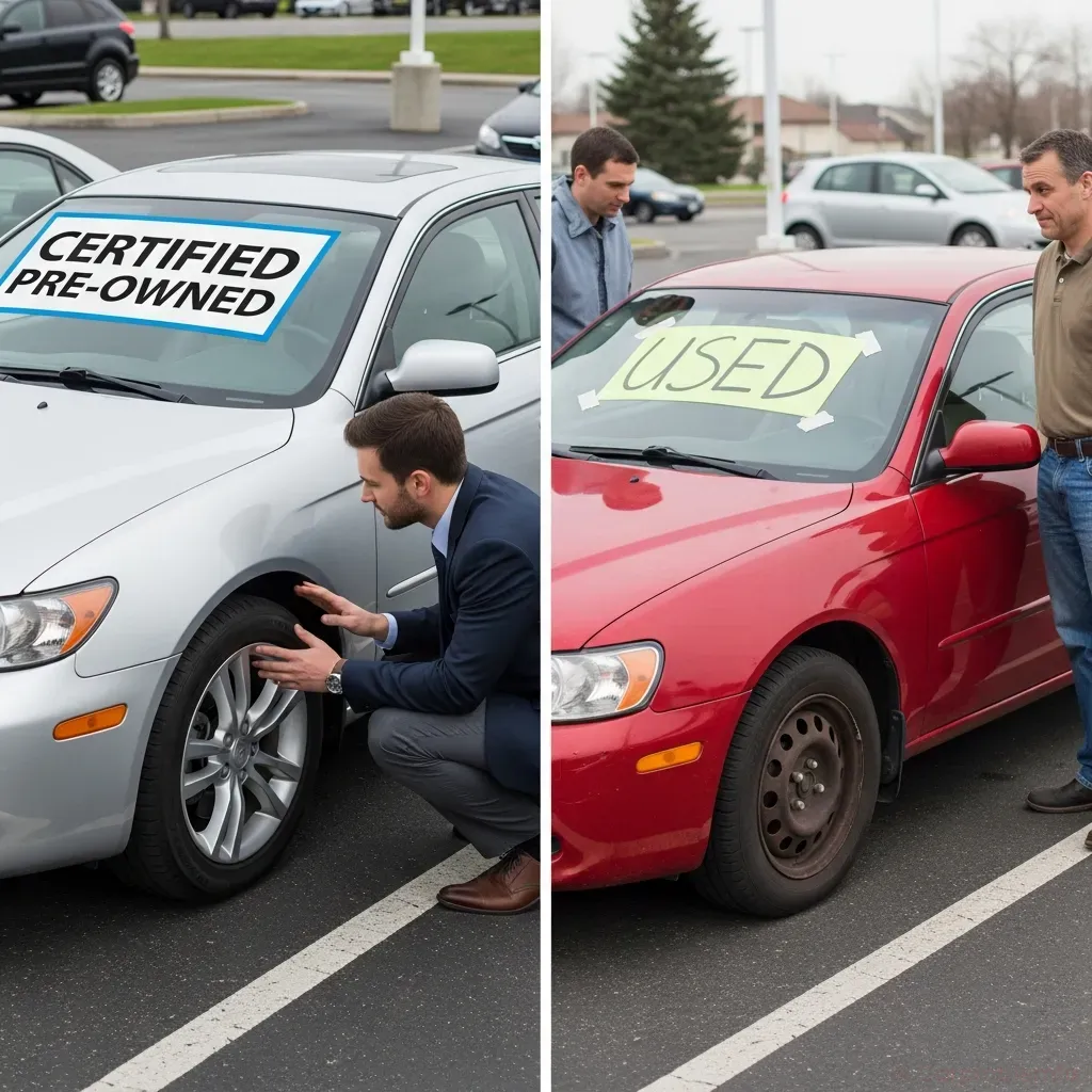 side-by-side comparison of two similar cars in a parking lot, one labeled certified pre-owned and the other used, buyer examining them, 4:3