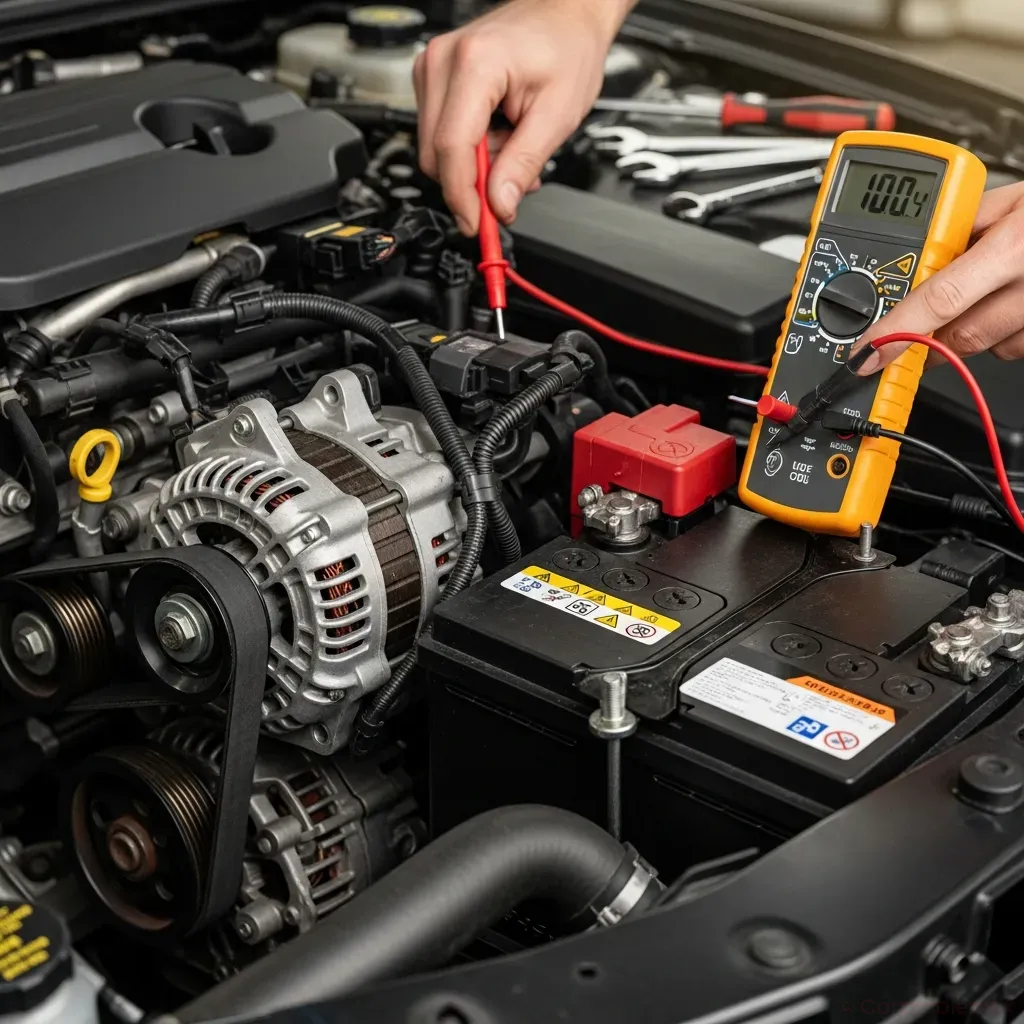 Close-up of a car engine bay with focus on alternator, serpentine belt, and battery terminals, mechanic’s hands using a digital multimeter to measure voltage at the battery, daytime garage environment, high detail, realistic lighting