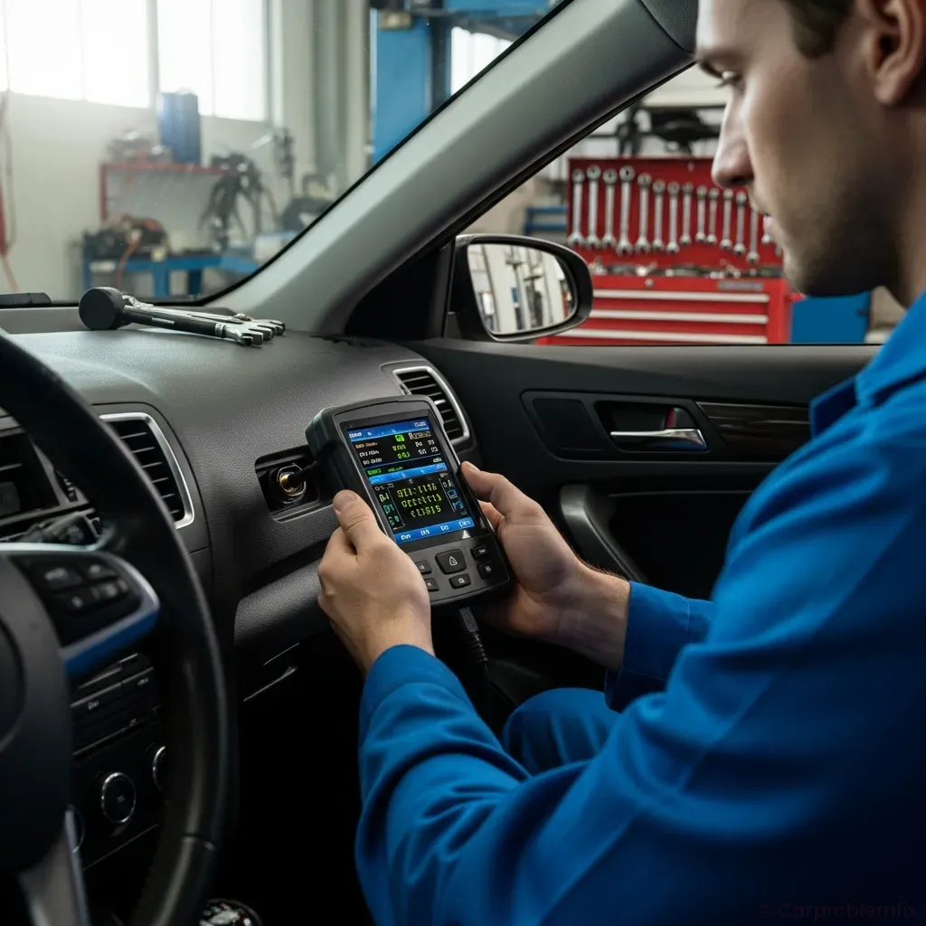 Mechanic using a handheld OBD2 scanner connected under a car’s dashboard, garage environment, clear view of tool screen showing diagnostic codes, natural lighting