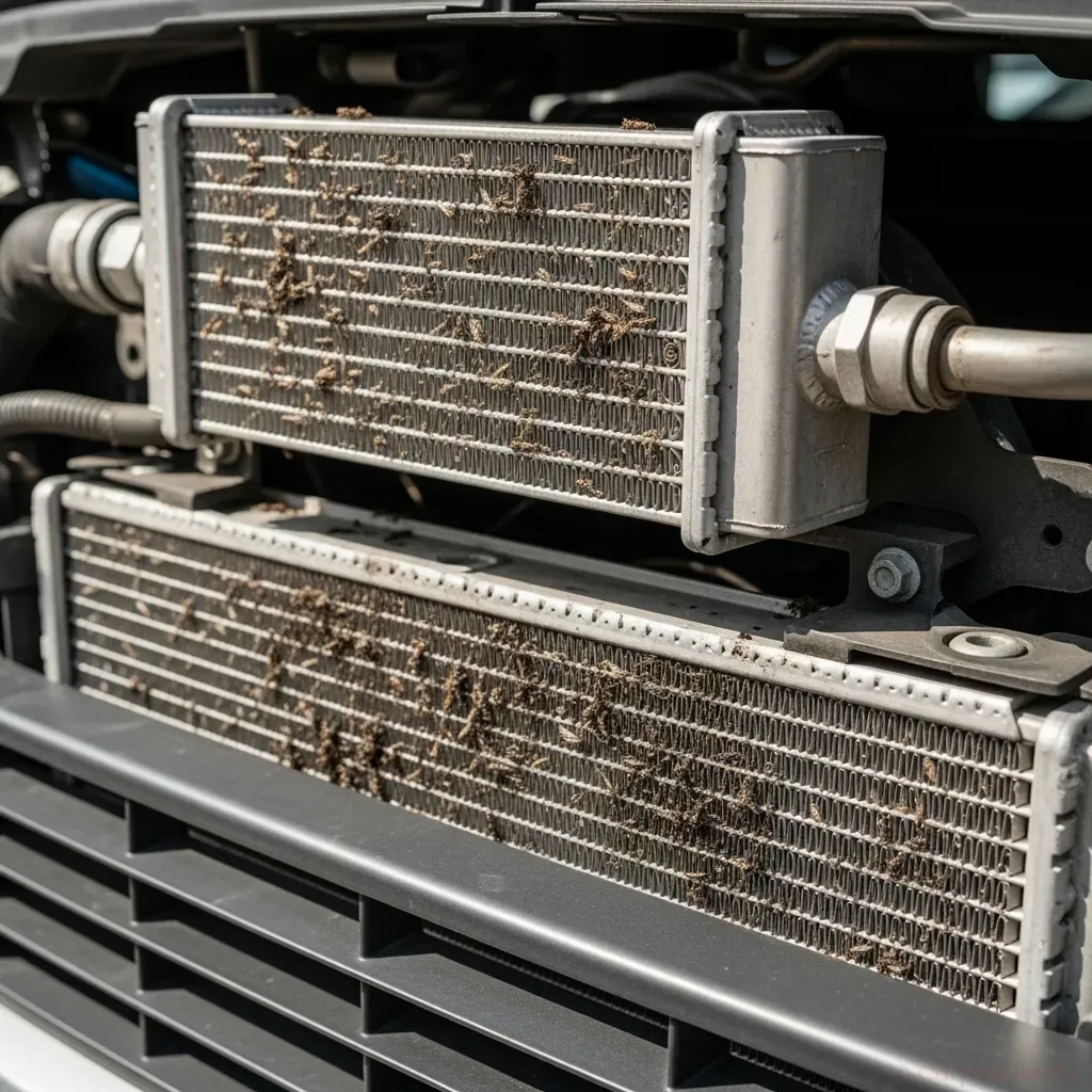 Close-up of a vehicle radiator and external transmission cooler mounted behind the grille, some fins partially clogged with dirt and bugs, daylight, realistic detail, automotive repair context