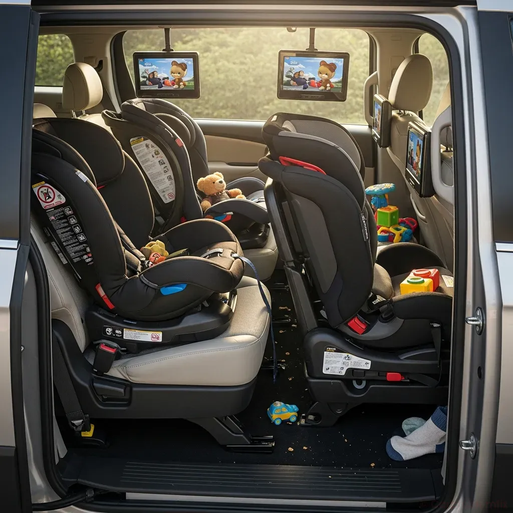 Interior of a family minivan with three child seats installed across the second row, visible LATCH anchors, rear-seat entertainment screens, and scattered toys, shot from the open sliding door, realistic detail