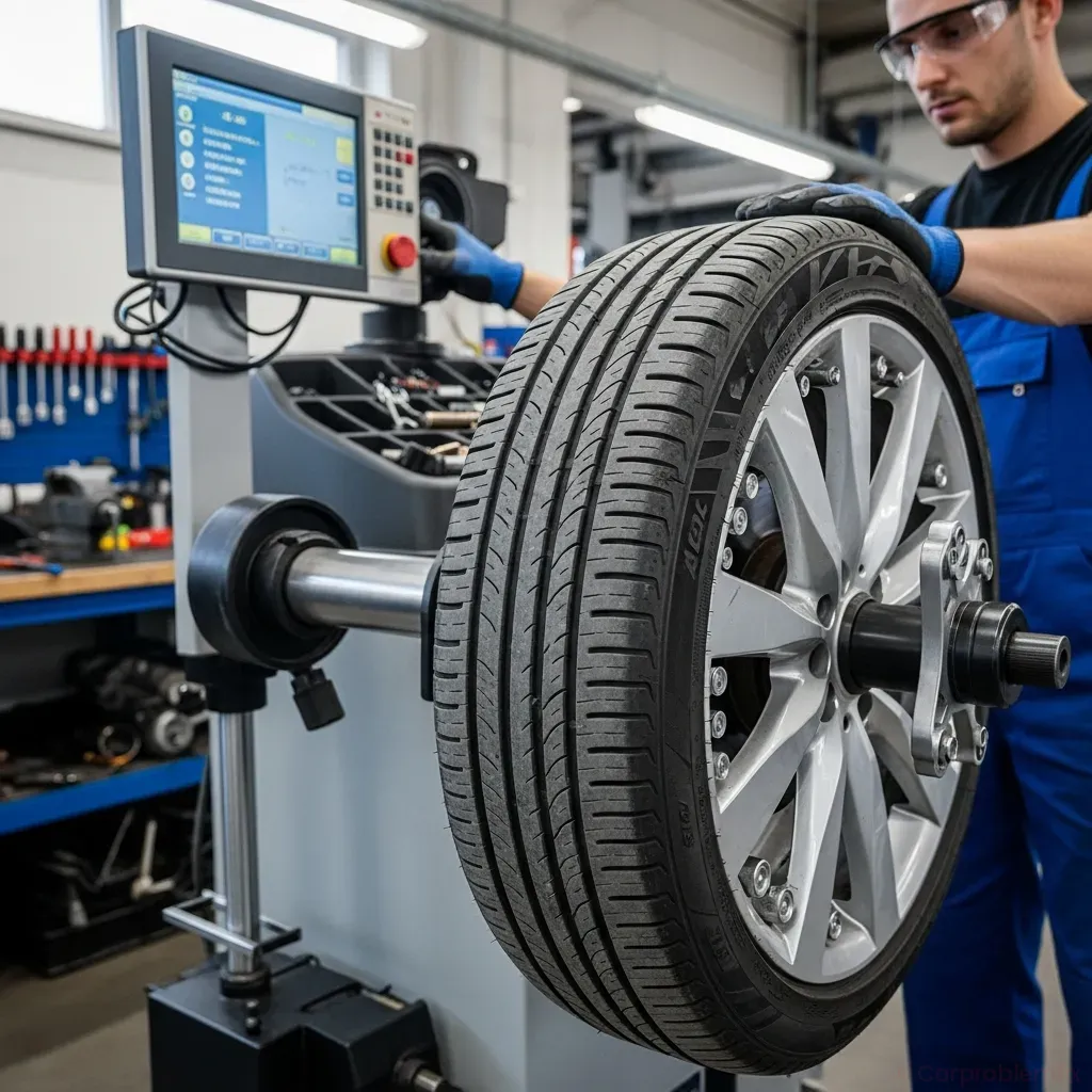 Close-up shot of a car wheel on a lift in a workshop, technician using a computerized wheel balancing machine, weights visible on the rim, high-detail, realistic lighting, focus on tire tread and balancing equipment