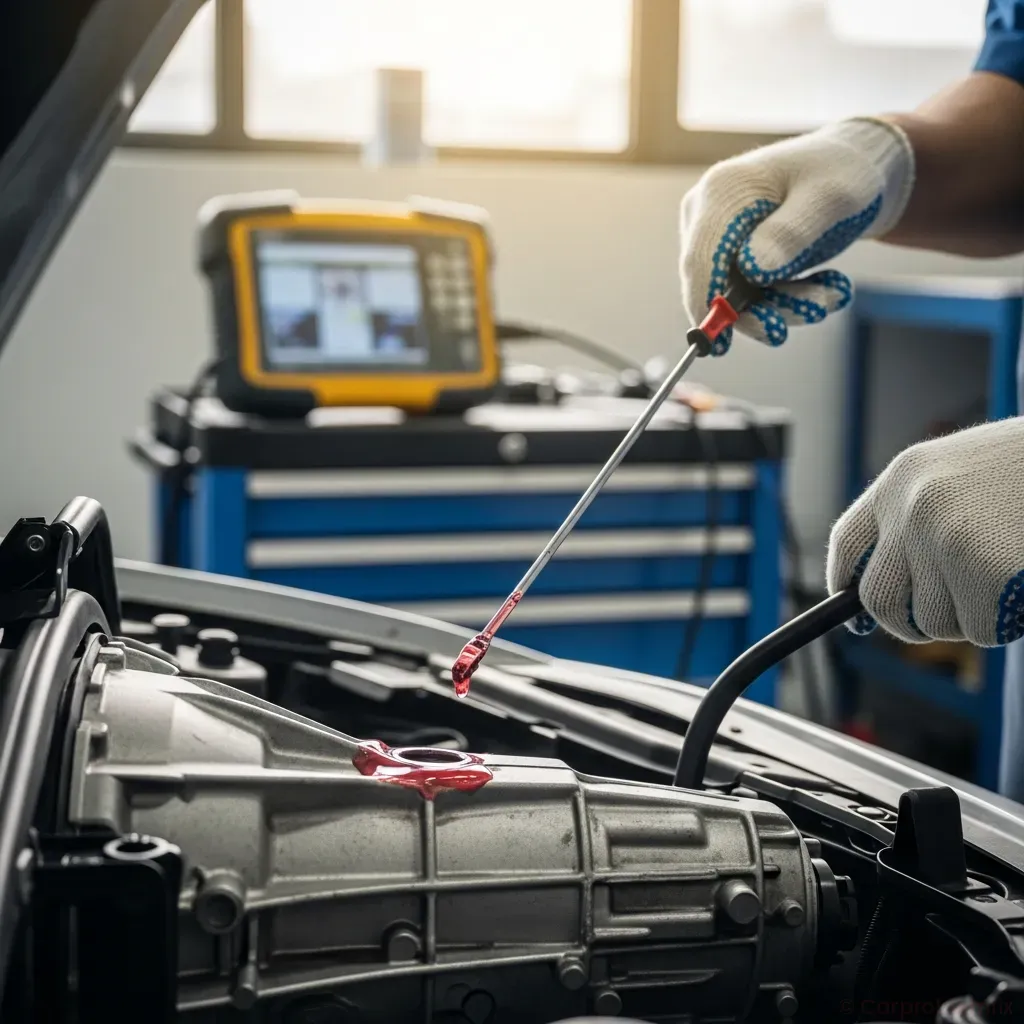 Mechanic in a professional workshop checking CVT transmission fluid on a late-model Japanese sedan, close-up of dipstick and fluid color, diagnostic scan tool visible in background, natural lighting, realistic photography style