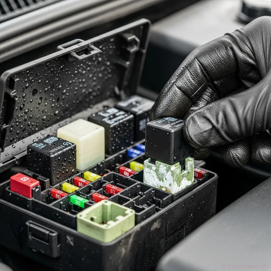 Close-up, photo-realistic shot of a car’s under-hood fuse box with the cover removed, visible moisture droplets and light corrosion on fuses and relays, mechanic’s gloved hand holding a relay, shallow depth of field, high detail, natural lighting