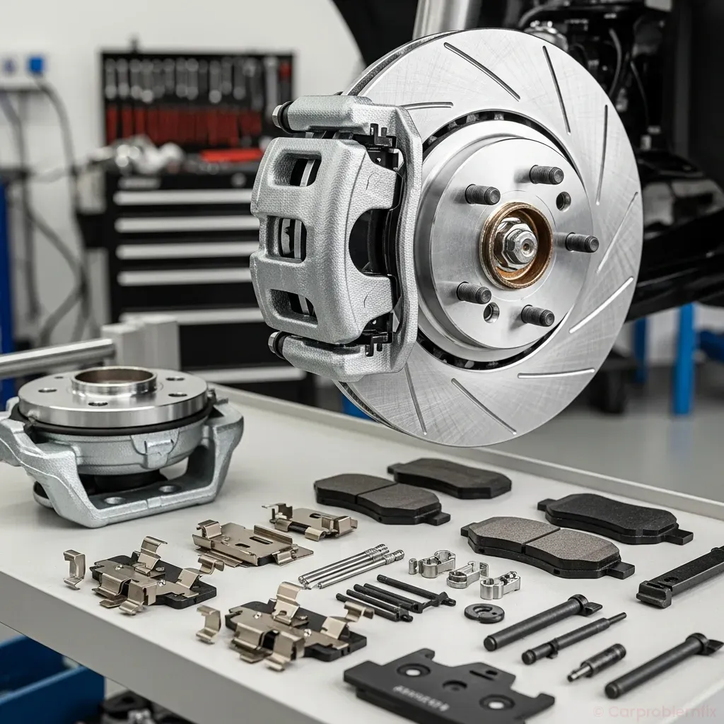 Close-up shot of a car front brake assembly with caliper removed, new shiny rotor installed, new brake pads and hardware laid out on a clean work surface nearby, detailed focus on components, workshop background softly blurred, realistic style