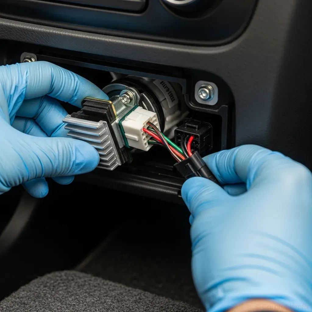 Close-up view under a car’s passenger-side dashboard showing a technician’s hands removing a blower motor resistor from the HVAC housing, visible wiring connector, realistic detail