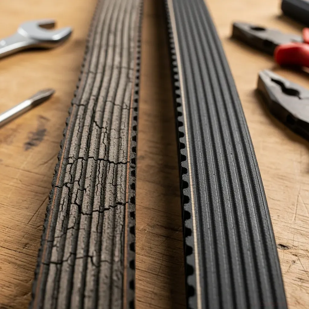 Close-up shot of a worn serpentine belt removed from a car, showing cracks and frayed edges next to a brand new belt for comparison, laid out on a workbench with basic hand tools visible