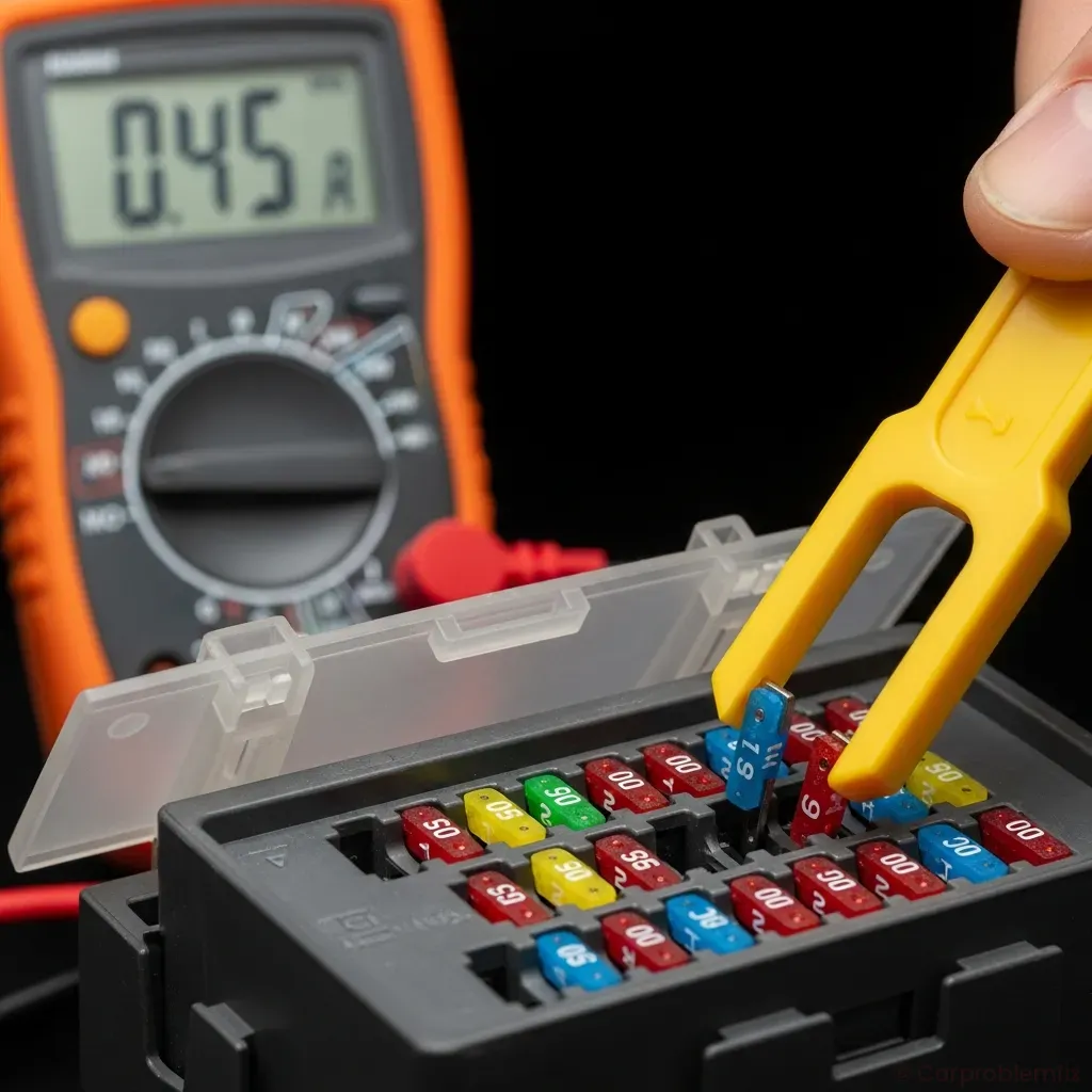Close-up of a car fuse box with fuses being pulled one by one, digital multimeter in the background showing current draw, realistic macro automotive photography