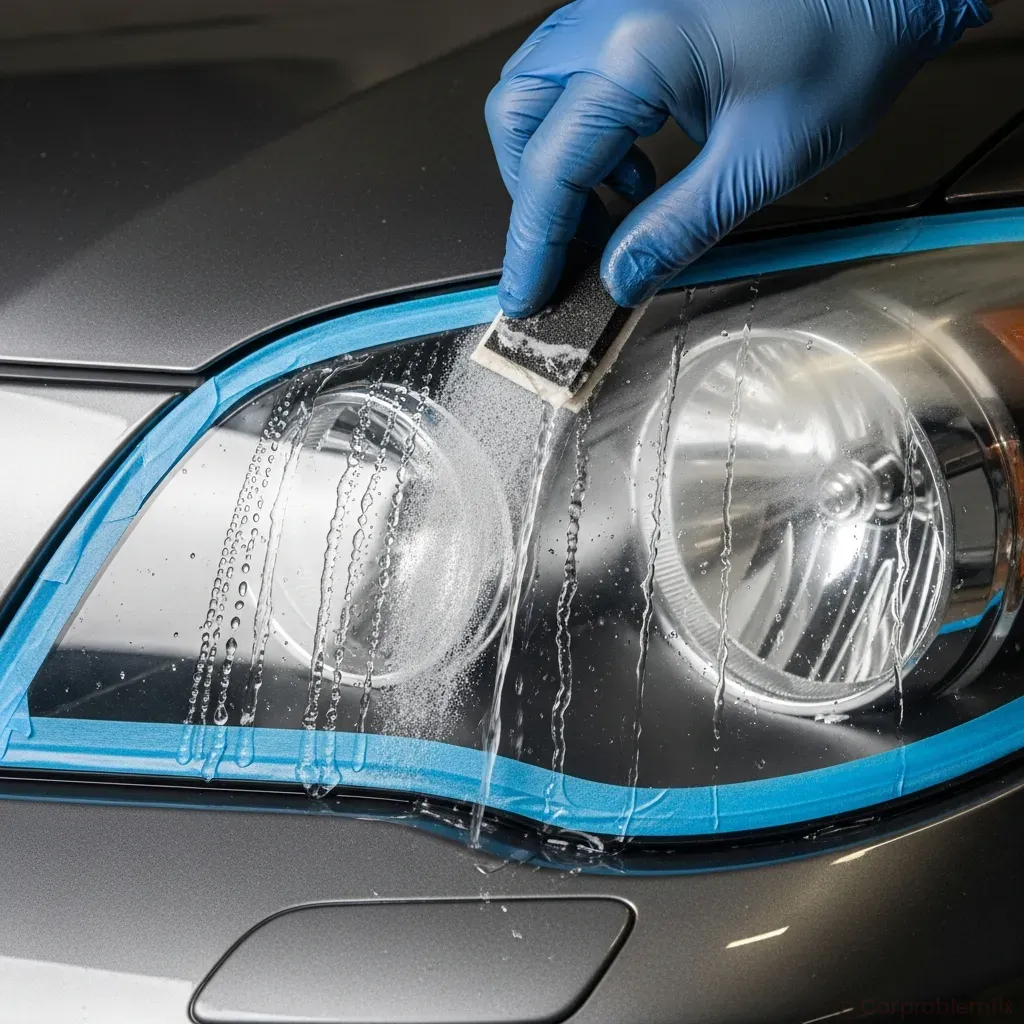 Close-up 4:3 image of a person wet sanding a cloudy plastic headlight lens with fine sandpaper, masking tape protecting surrounding paint, water droplets visible, realistic photography style, no text