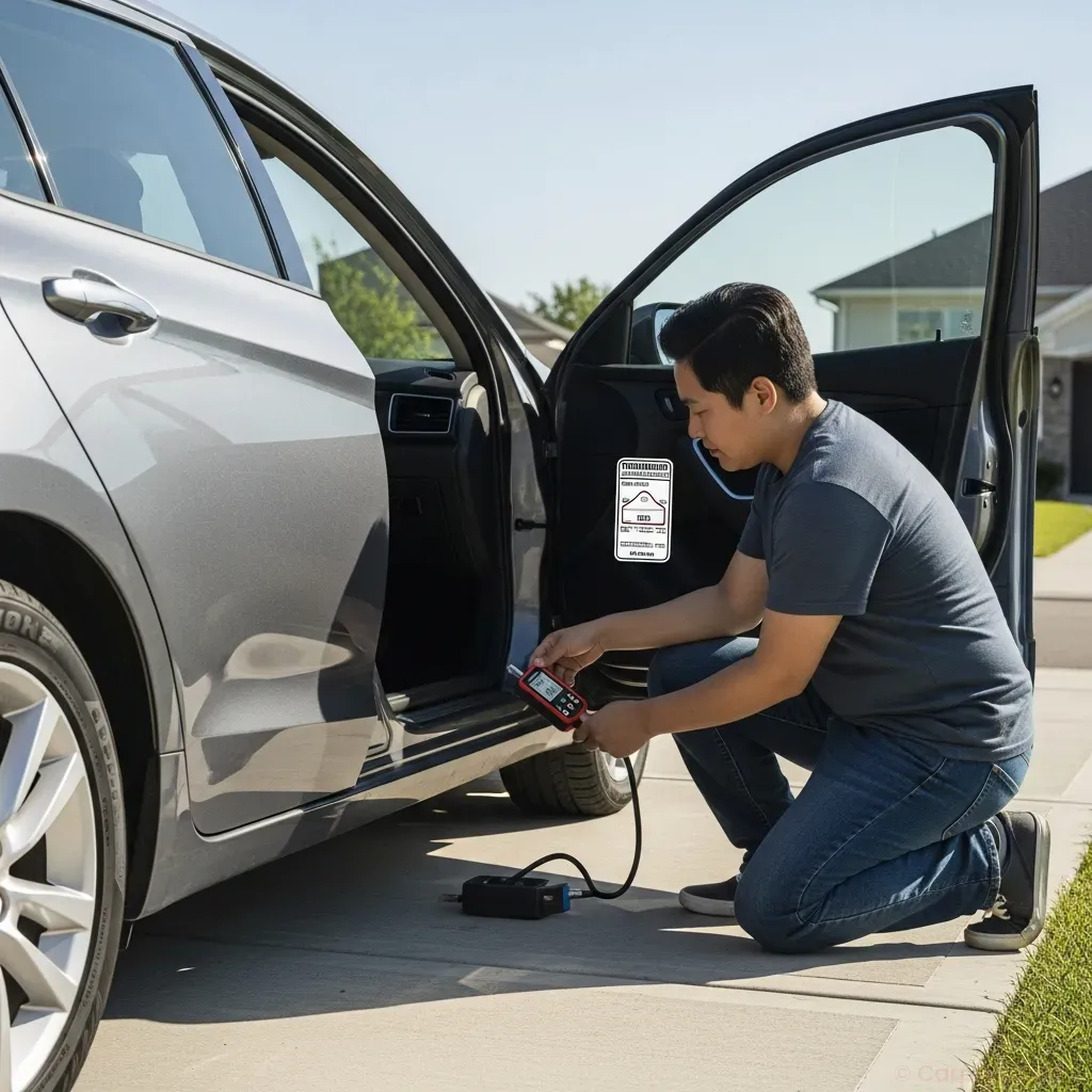 Person in casual clothes kneeling beside a passenger car in a driveway, using a digital tire pressure gauge on the front tire, door-jamb tire pressure sticker visible on open driver door, clear sunny day, realistic style, 4:3 ratio, no text
