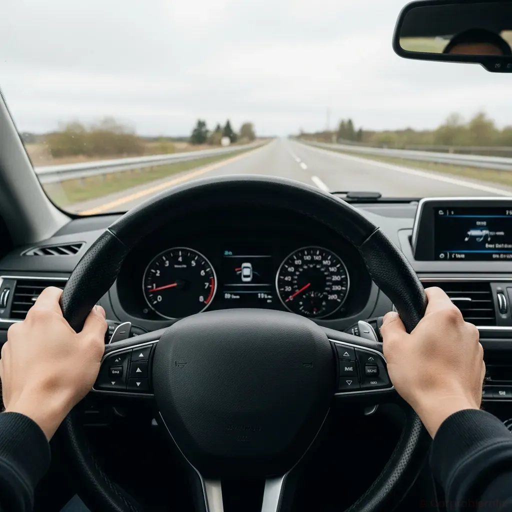 4:3 close-up of a driver’s hands on a vibrating steering wheel at highway speed, blurred road in background, dashboard and instrument cluster visible, realistic interior lighting, no text