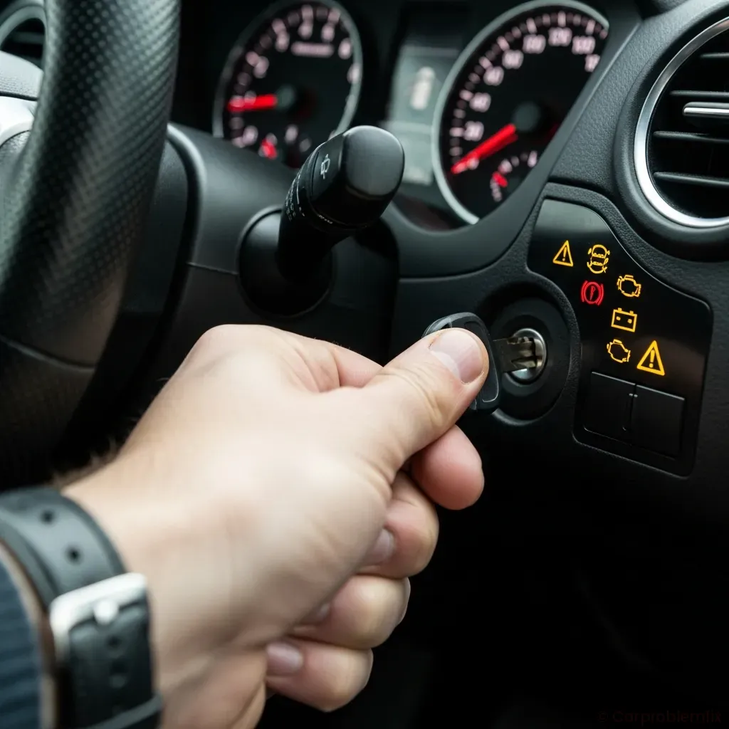 Close-up 4:3 image of a driver’s hand turning the ignition key in a modern car with dashboard warning lights illuminated, realistic interior view, natural lighting, no text