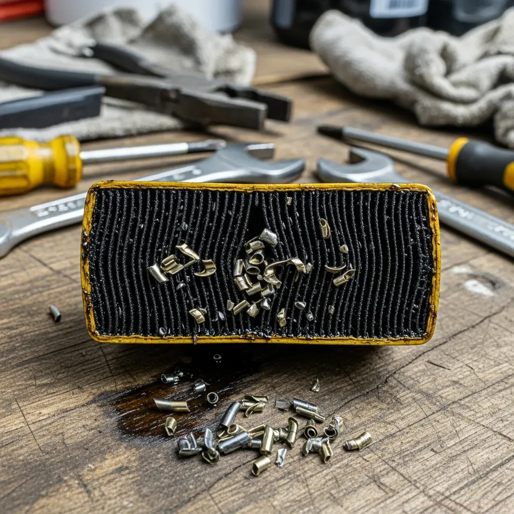 used oil filter cut open showing dirty pleats and metal shavings on workbench with tools around