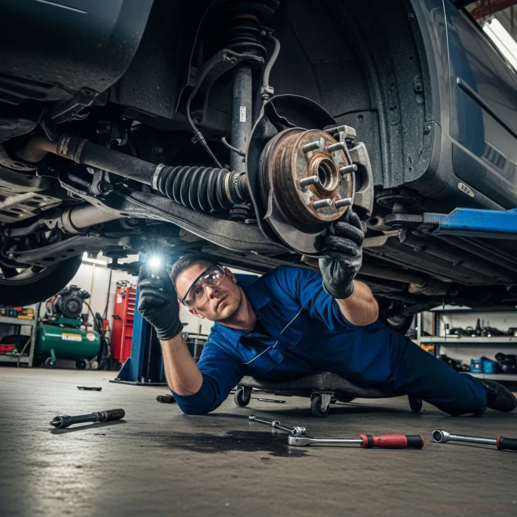 under-car view of a mechanic checking a CV axle and wheel bearing on a lifted vehicle, garage environment, 4:3