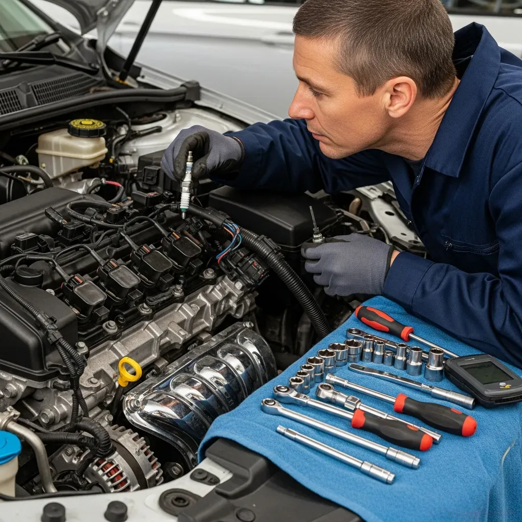 mechanic inspecting ignition coils and spark plugs on a four cylinder engine, tools laid out neatly, focus on engine bay components