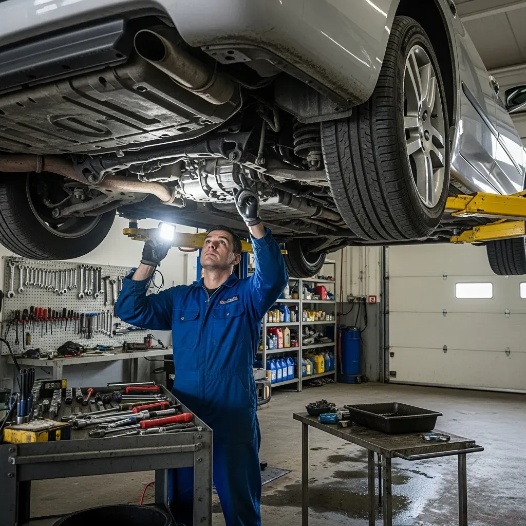 vehicle on lift with mechanic inspecting transmission and driveline components from underneath, garage environment, realistic