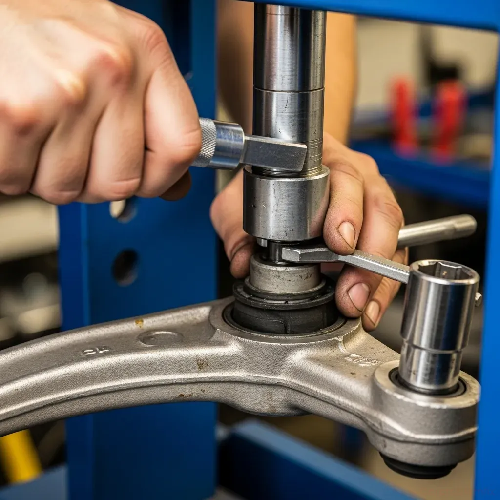 DIY car enthusiast using a hydraulic press to install a new suspension bushing into a control arm, detailed view of hands and tools, 4:3
