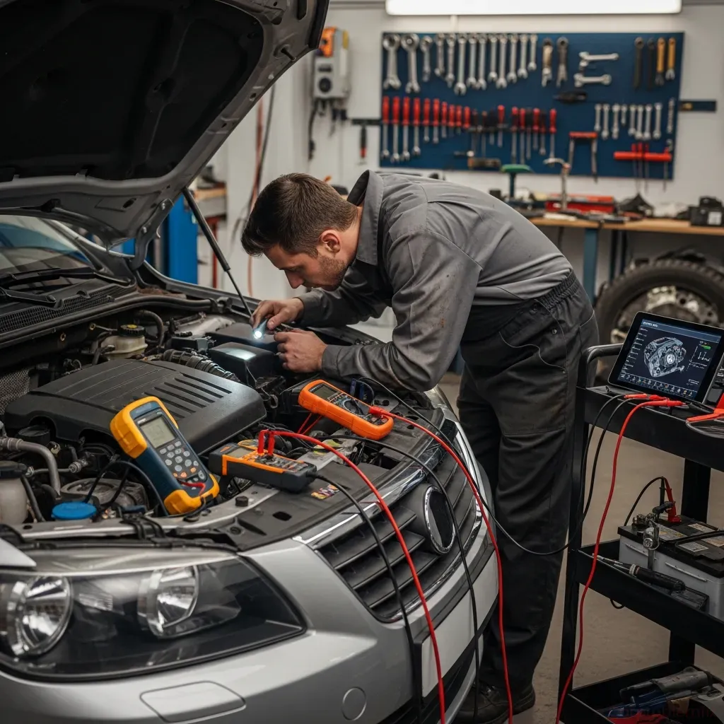 mechanic performing a pre-purchase inspection on a used car in a workshop, hood open, diagnostic tools connected, 4:3