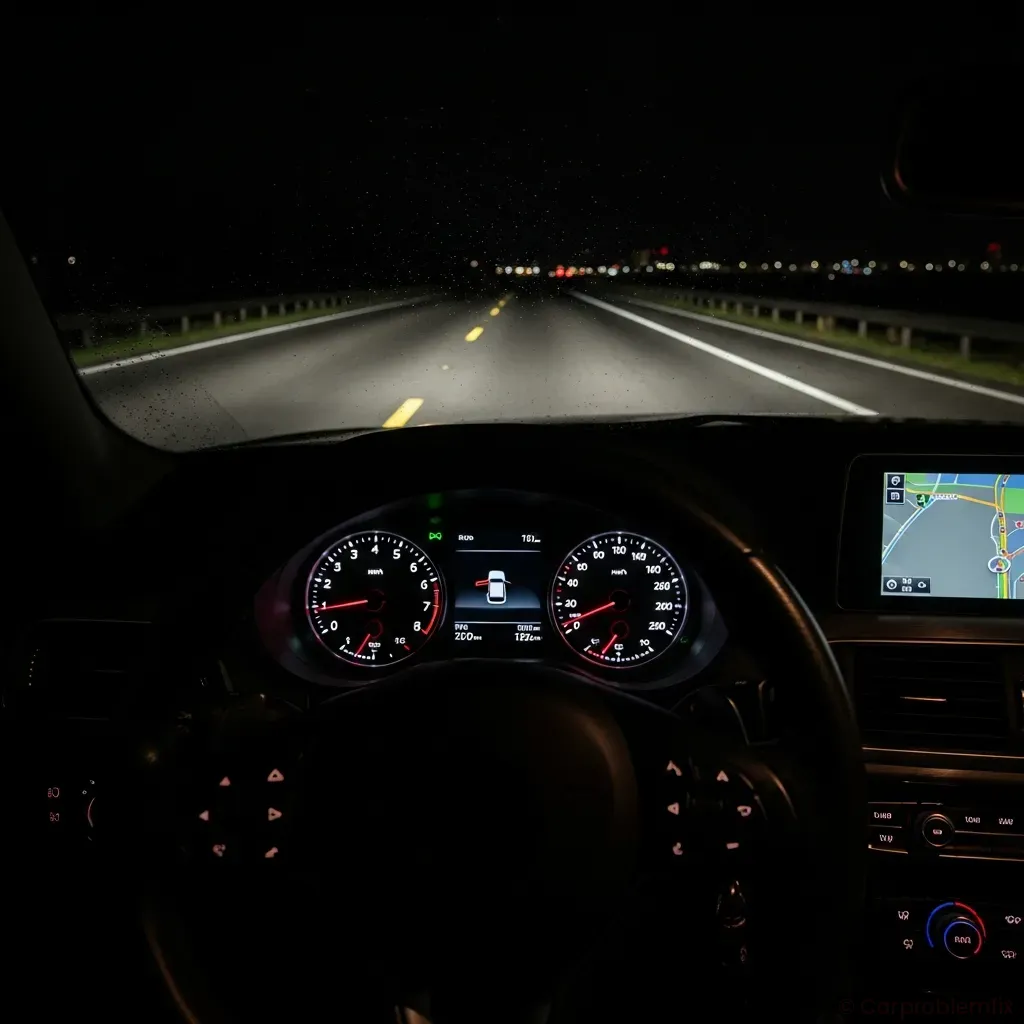 Interior view from driver’s seat at night showing dim dashboard lights and dim headlights illuminating a dark road, subtle reflection on windshield, realistic modern car interior, high contrast but clear details