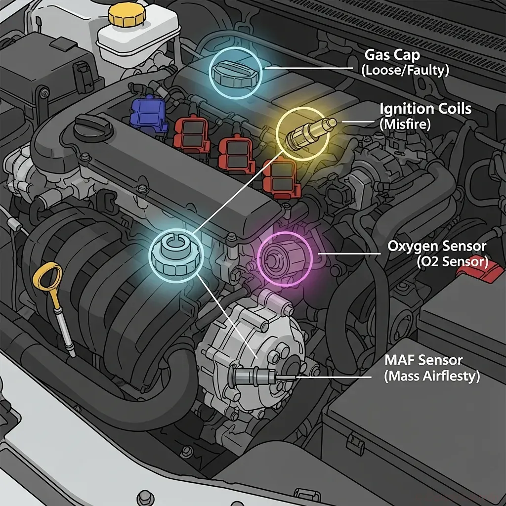 Close-up of a car engine bay with highlighted components related to check engine light causes: gas cap, ignition coils, oxygen sensor, and MAF sensor, technical yet clean illustration style