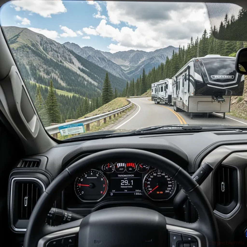 Driver’s view of a pickup truck towing a large trailer up a mountain road, dashboard showing a digital transmission temperature gauge approaching high range, realistic, clear focus