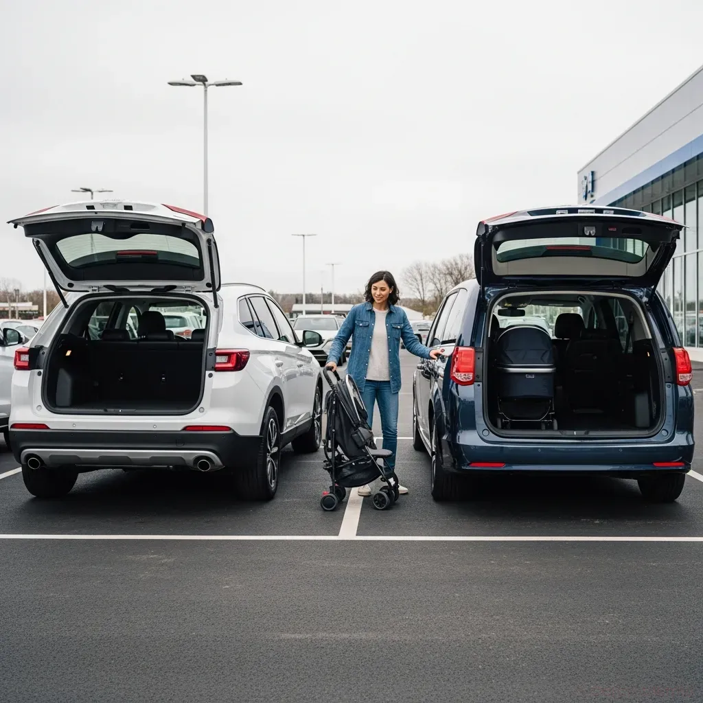 Side-by-side comparison of three vehicles in a dealership lot: a compact SUV, a midsize SUV, and a minivan, with a parent holding a stroller evaluating cargo space, overcast daylight, realistic automotive photo