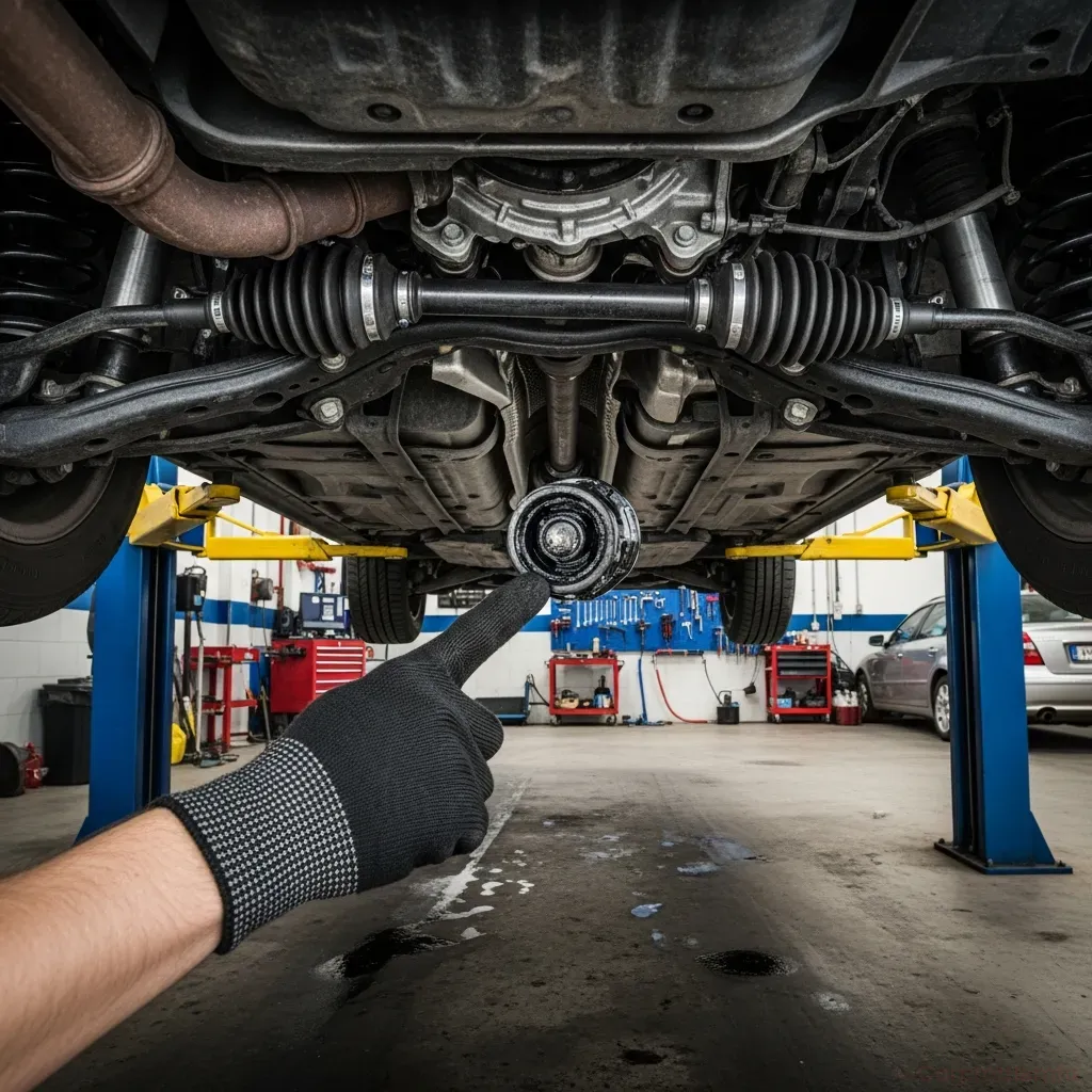 Under-car view of a vehicle on a lift showing driveshaft, CV axles, and suspension components, mechanic’s gloved hand pointing at a worn CV boot or U-joint, high-resolution, realistic workshop environment