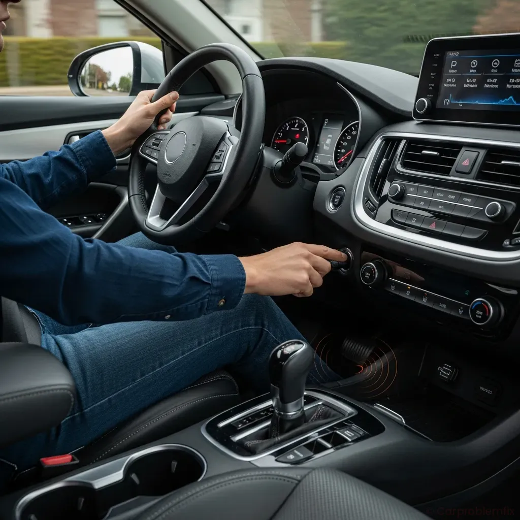 Driver inside a modern compact SUV experiencing CVT shudder during acceleration, dashboard and tachometer visible, subtle motion blur outside windows, focus on driver’s foot on accelerator and sensation of vibration, realistic interior lighting