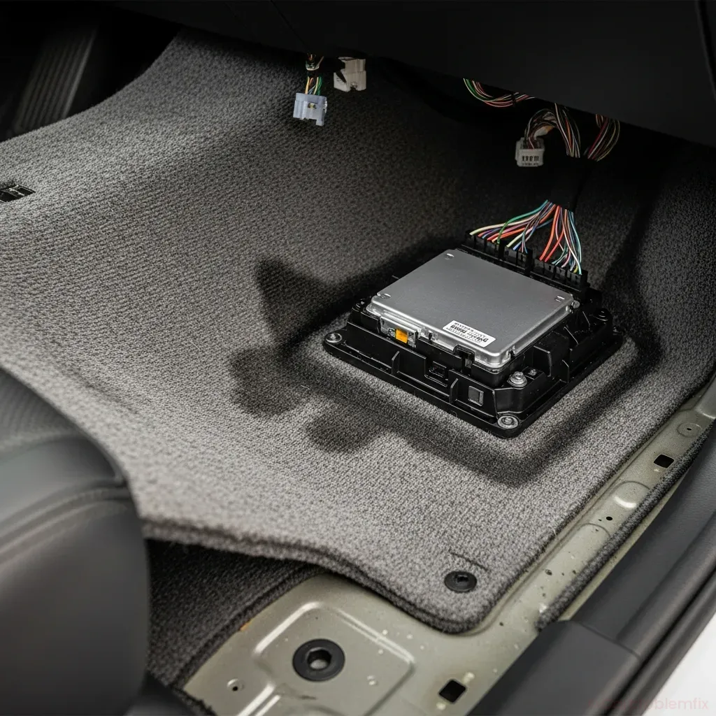 Interior photo-realistic image of a car cabin with the driver’s side carpet lifted, showing damp insulation and a partially exposed electronic control module with wiring connectors, subtle water staining, high detail, soft workshop lighting