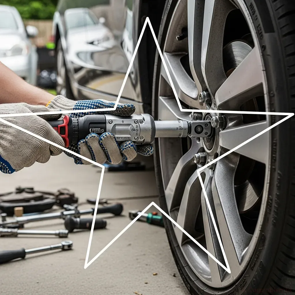 Step-by-step style image showing a DIY mechanic using a torque wrench to tighten wheel lug nuts in a star pattern on a modern car, vehicle on the ground after brake job, focus on hands and tool, driveway or garage setting, realistic photography