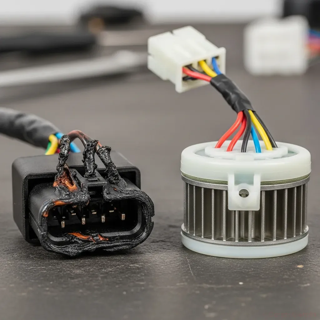 Macro shot of a burnt and melted blower motor resistor electrical connector next to a new replacement resistor and pigtail harness on a workbench, clear contrast between damaged and new parts
