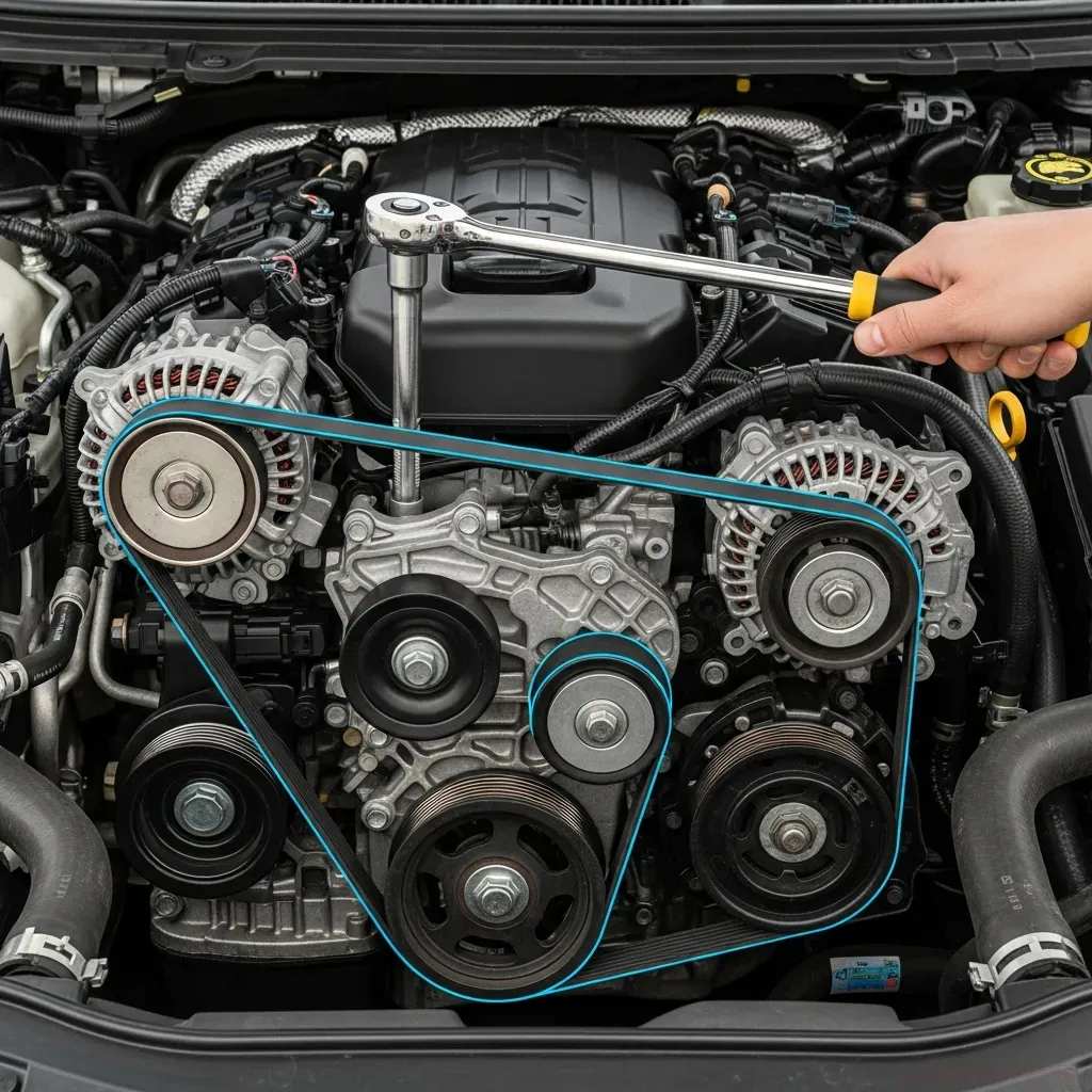 Overhead view of a modern engine bay with a highlighted serpentine belt path, a hand using a long-handled ratchet on the belt tensioner, clear focus on pulleys and belt routing, instructional style image