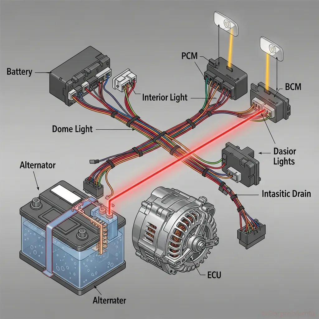 Cutaway illustration of a car electrical system showing battery, alternator, interior lights, and modules, highlighting a parasitic drain path with glowing lines, technical but easy-to-understand style