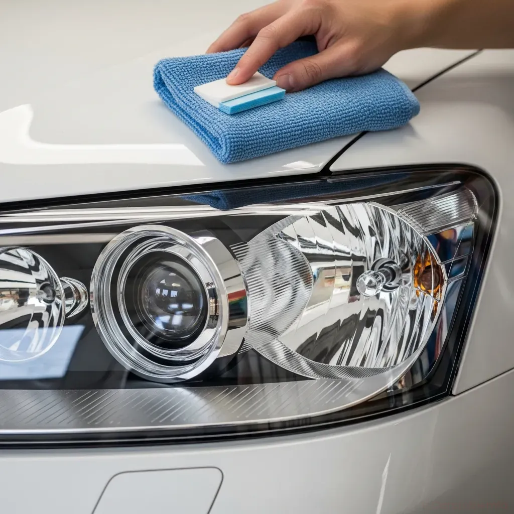 4:3 close-up photo of a freshly polished, crystal-clear car headlight with reflections, hand holding a microfiber towel and UV coating applicator nearby, realistic, no text