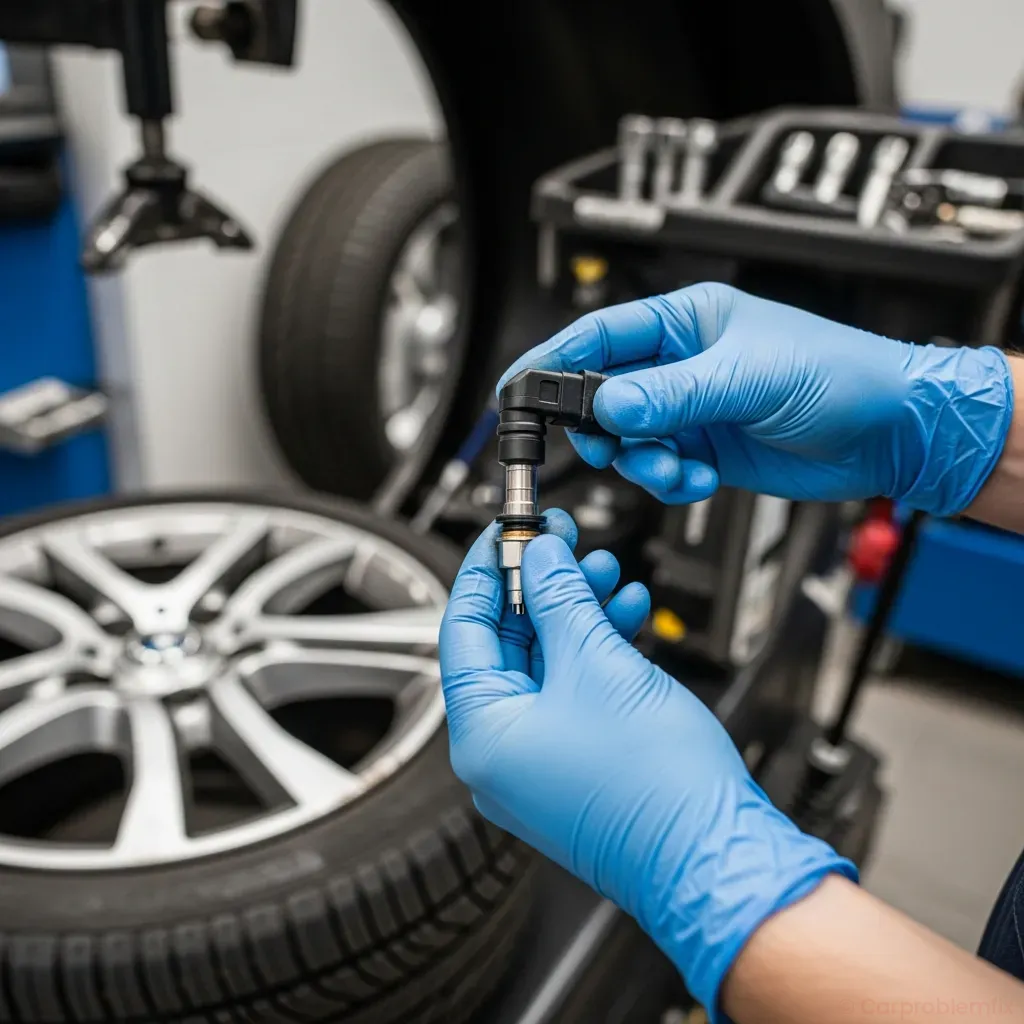 Tire shop interior with a technician holding a TPMS sensor and a wheel on a tire machine in the background, focus on the sensor and valve stem area, realistic photography, 4:3 ratio, no text