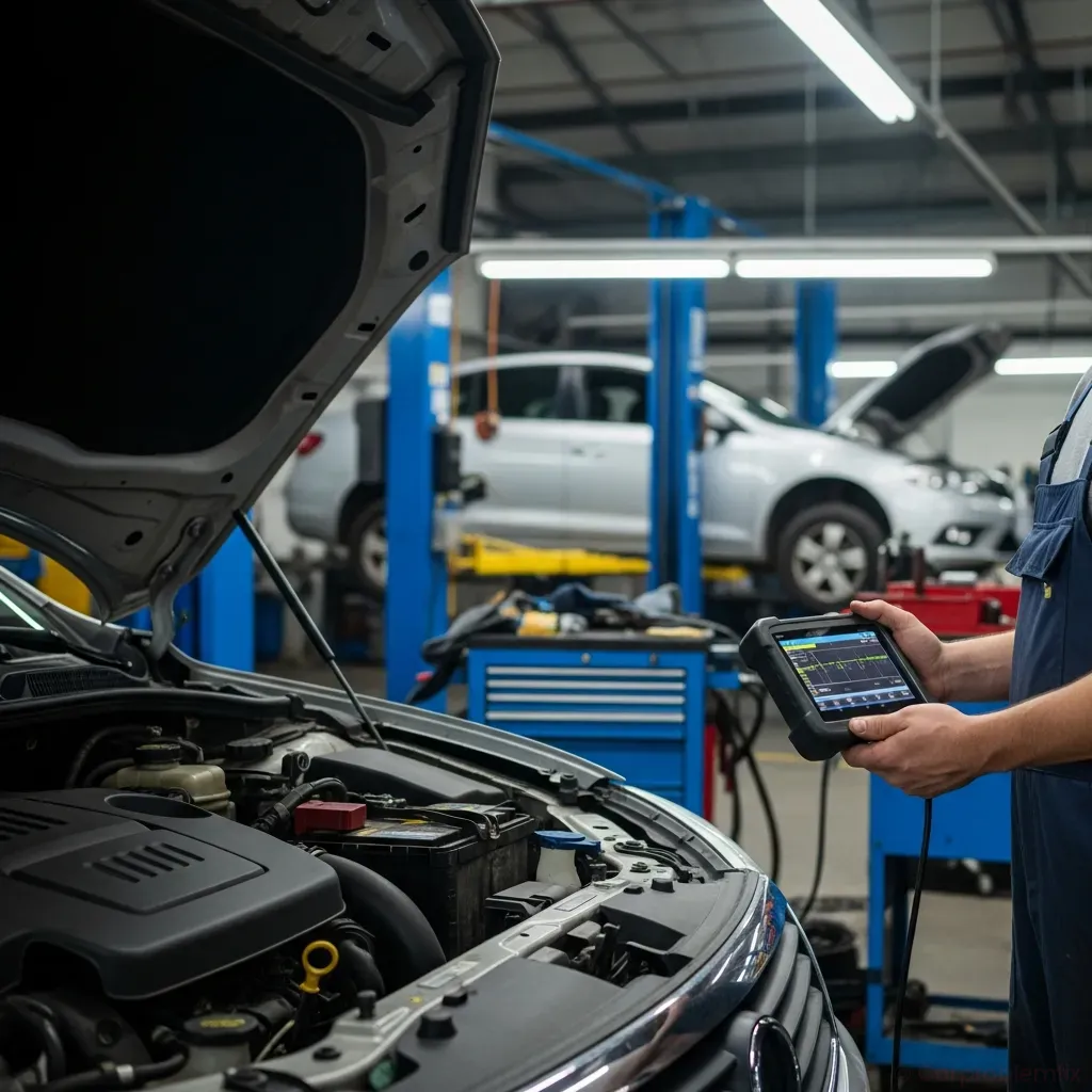 4:3 image showing a mechanic using an OBD2 scanner on a car in a service bay, hood open, diagnostic tool screen visible, realistic workshop environment, no text